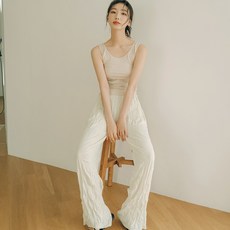 파란 여성용 불가리 플리츠 일자핏 밴딩팬츠