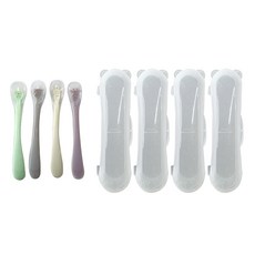 BLUE MAMA 孩童用矽膠食品湯匙 4入+餐具盒 4入, 長頸鹿款(深粉色+黃色)+小熊款(深米色+深薄荷綠), 1組