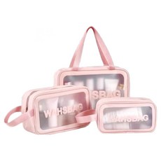 洗漱化妝收納包套組 公主粉 PU+PVC 防水/耐磨/密封, (大) 31 x 12 x 22cm + (中) 26 x 9 x 12cm + (小) 22 x 7 x 13cm