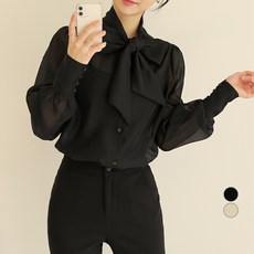 BBAEBBAE 女款袖口鈕扣蝴蝶結透膚上衣