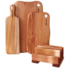 STELLA HOLMES 擺盤桃花心木原木砧板4件組 A款, 砧板 長薄型 + 圓角方形 中 + 大 + 砧板架, 1套