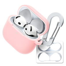 superdivision 矽膠耳機保護套 + 鑰匙圈 + 登山扣 + 防鐵粉貼紙組合, AirPods 4代, 櫻花粉, 1套