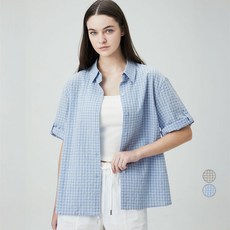 ELLEPARIS 여성용 캐주얼 브리즈 체크 시어서커 루즈핏 반소매 롤업 셔츠
