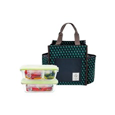 LocknLock 樂扣樂扣 積木耐熱玻璃保鮮盒二入餐袋組, 2個容器及相配的蓋子 + 餐袋, 1組