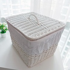 藤編小舖 長方形多用途附蓋藤編籃 B603 + 蕾絲布套組, 白色