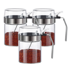 ROMEO 耐熱玻璃把手調味罐組, 1套, 調味罐 300ml x 3入 + 湯匙 3入 + 貼紙 12種