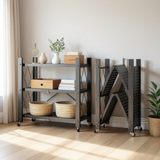 OfMIN 一鍵式折疊移動收納折疊鐵製層架, 黑色, 3層