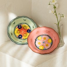 西里西亞波蘭風義大利麵碗 27cm 2件組, 1組, 粉紅花朵，橄欖莫尼卡