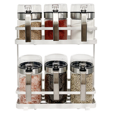 ROMEO 附把手調味罐 300ml 3入 + 450ml 3入 + 白色置物架 + 貼紙 1張 + 湯匙 6入 套組, 1套, 調味罐架5件組