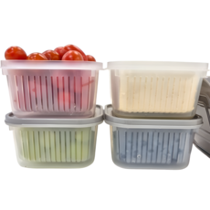 DailyPick 方形蔬果瀝水保鮮盒組 灰色, 保鮮盒 4入, 1組