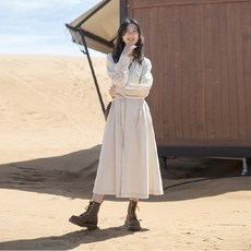 PEONIST 女款法式蝴蝶結長袖長版連身裙, 象牙白