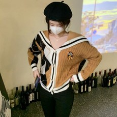 여성용 패션 아가일 체크패턴 니트 임부복 가디건