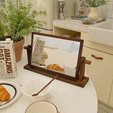 레나에너지 빈티지 우드 회전식 가정용 사각형 메이크업 인테리어용 양면 탁상 거울, 원목