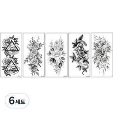 素描刺青玫瑰花黑白紋身貼紙5件組, BK-05, 6套