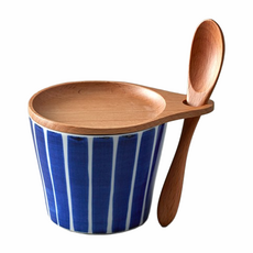 石丸波佐見燒 點心杯盤 和風藍線 附木匙, 1組