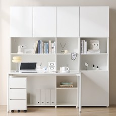 필웰 횸 전면책장 6단 + 책상 + 3단 이동 서랍장 + 6단 책장 세트 방문설치, 화이트