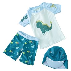 男童短袖恐龍分體泳衣套裝 (上衣+泳褲+泳帽) 綠底恐龍, 6, 1組