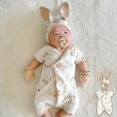 韓國 ikii 嬰幼兒柔軟純棉鏤空新生兒短袖連身衣套裝