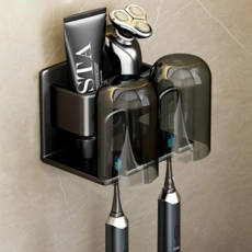附杯子 免釘膠款 黑色 雙人牙刷收納架, 1個