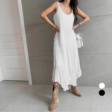 NANING9 女款Elcho褶皺細肩帶長版洋裝, 1個, 象牙白