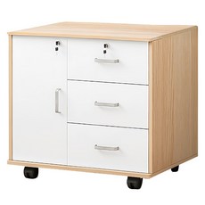 三抽一門檔櫃 帶鎖設計 萬向輪, 楓木色 + 白色