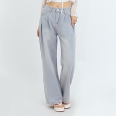 Elsso 女款雙褶寬版長丹寧褲