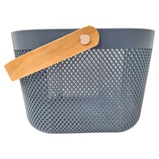 北歐簡約風木把手收納提籃 單把手款 藍色 塑膠木質金屬螺旋, 26 x 25 x 18cm, 1個