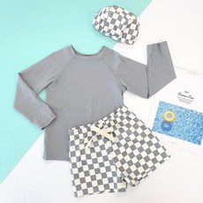 Woojooi 男童簡約西洋棋防曬衣上下裝 + 泳帽套裝