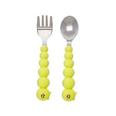 melii 不銹鋼餐具組 Set, 毛毛蟲外型湯匙叉子組, 柔軟厚實手柄, 食品級矽膠耐用, 1組, 綠色