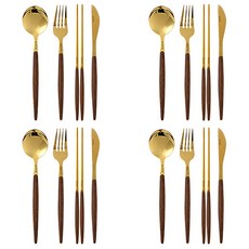 상상앤드 퀴드노비 1979 4인용 커트러리 4종 세트, 월넛 + 골드, 숟가락 4p + 포크 4p + 젓가락 4p + 나이프 4p, 1세트