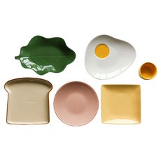 Dailylike 三明治陶瓷餐盤組, 吐司盤 + 生菜盤 + 火腿盤 + 起士盤 + 荷包蛋盤 + 蛋黃杯, 多色, 1組