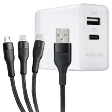 RONEVER DE019D PD電源供應器組 3IN1 PD充電器54 x 46 x 27mm + 充電線長120cm 114g, 白色, 1組