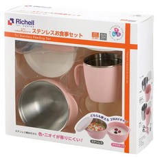 Richell 利其爾 TLI 禮盒 學習餐具, 雙層可拆式不銹鋼碗 + 雙層可拆式不鏽鋼雙耳杯 + 不鏽鋼叉匙組 +食用器吸盤, 粉色, 1組