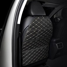 메이튼 자동차 가죽 퀄팅 킥매트 시트백 커버 투포켓, 블랙 + 아이보리, 1개