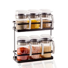 CAFE ROMEO 調味料罐置物架組 黑色, 1套, 調味盒450ml 3p+調味盒300ml 3p+支架+貼紙+勺子6p