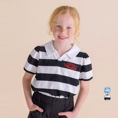 ILoveJ 女童All the翻領條紋短袖棉T恤