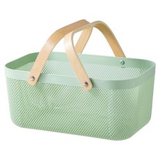 北歐簡約風木把手收納提籃 雙把手款 綠色, 40 x 21 x 18cm, 1個