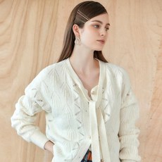 MAXZA 마쟈 여성용 헤어리 펄 골드버튼 리본 니트 가디건