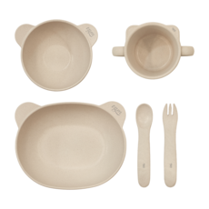 tgm 韓國製幼兒泰迪熊木質餐具組, 象牙白, 湯碗, 飯碗, 雙耳杯, 湯匙, 叉子, 1個