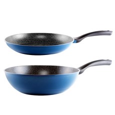 PAllAS IH爐適用單柄鈦合金不沾平底鍋具 2件組, 深藍色, 平底鍋+炒鍋