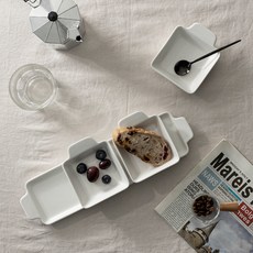 ssueim 單柄方形小菜盤 3入+雙柄長方形餐盤組, 現代白, 1組
