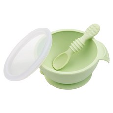 BUMKiNS 寶寶白金矽膠餐碗組 100%白金矽膠 含碗+湯匙+碗蓋 適用於6個月以上, 香瓜綠, 1組