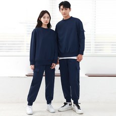 TURNKEY 男女通用 大尺碼 寬鬆版型 刷毛 工裝 大學T + 束口褲 運動上下套裝 FW-2700