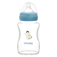 US baby 優生 真母感玻璃瓶 寬口徑 附奶嘴 - α33安心係數 人體工學弧形設計 耐熱玻璃600度, 企鵝 藍色, 240ml, 1個