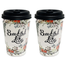 TOGO PACK 花朵13盎司紙杯 390ml 100入 + 隔熱杯套 100入 + 打孔杯蓋 100入 套組, 2套