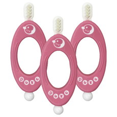 PUKU 藍色企鵝 造型乳牙刷 柔軟TPR刷毛 人體工學圓弧握把, 粉色, 1入, 3支