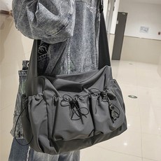 Elsso 尼龍工裝風抽繩口袋流浪包 大尺寸筆電iPad斜揹包, 灰色