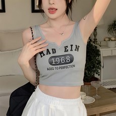 小V領螺紋字母印花帶胸墊背心 Set 2件, 胸寬30 x 全長39cm, 灰色