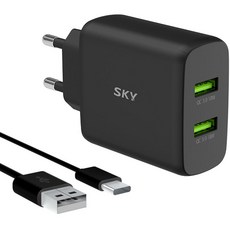 SKY Feel Q2S 36W USB 雙孔高速充電器 QC3.0 + Type-C 高速充電線, 黑色, 1套