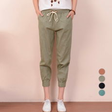 UNI.J 女款 Pura 亞麻半寬鬆束口褲